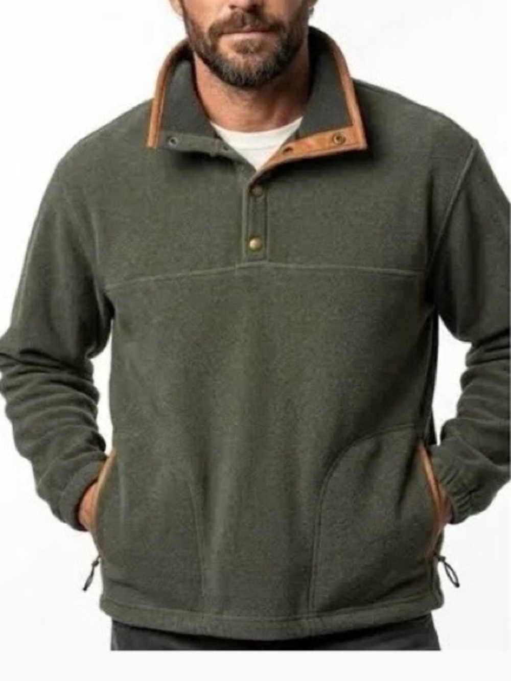 Vintage army green Orvis fleece pullover 1/4 snap with leather trim. Size XL